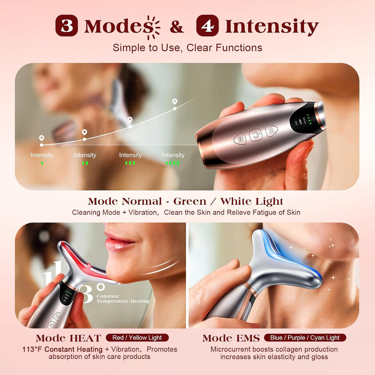 Facial Massager, 7 Colors Red Light Therapy for Face and Neck, Face Lift Device with 113°F Heating