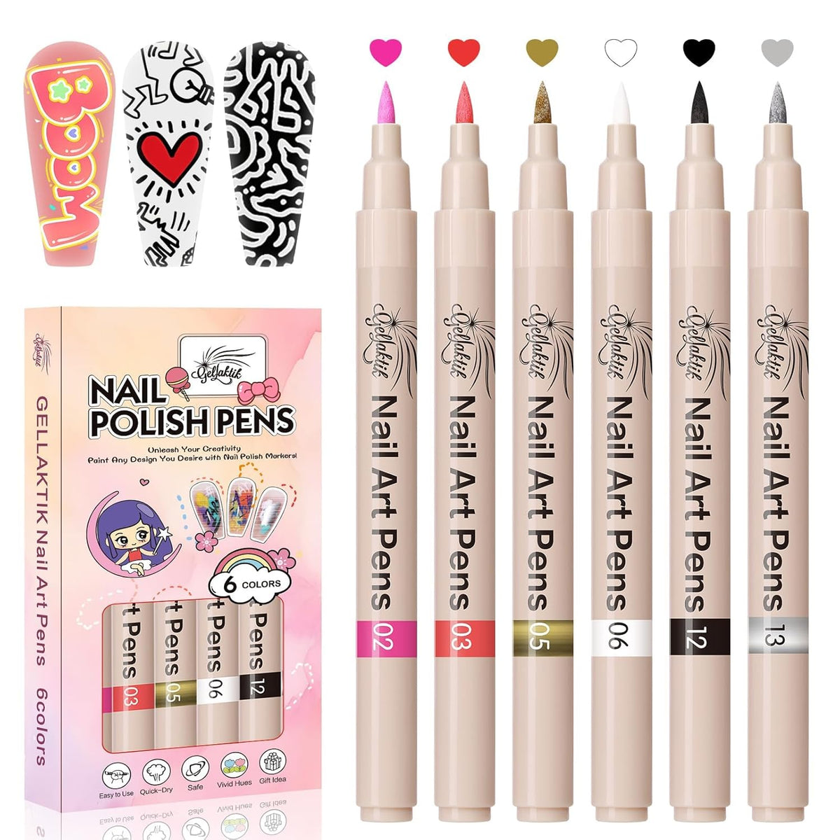 6 Colors Nail Art Pens Set, 3D Nail Polish Pens Quick-Drying Acrylic Paint Markers, Dotting Liner
