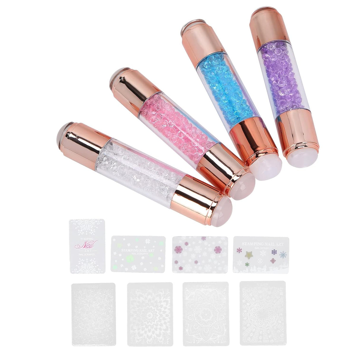 Dioche 4Sets Manicure Art Stamper, Double Ended Silicone Stamp Pens With Nail Seal Plate for Home