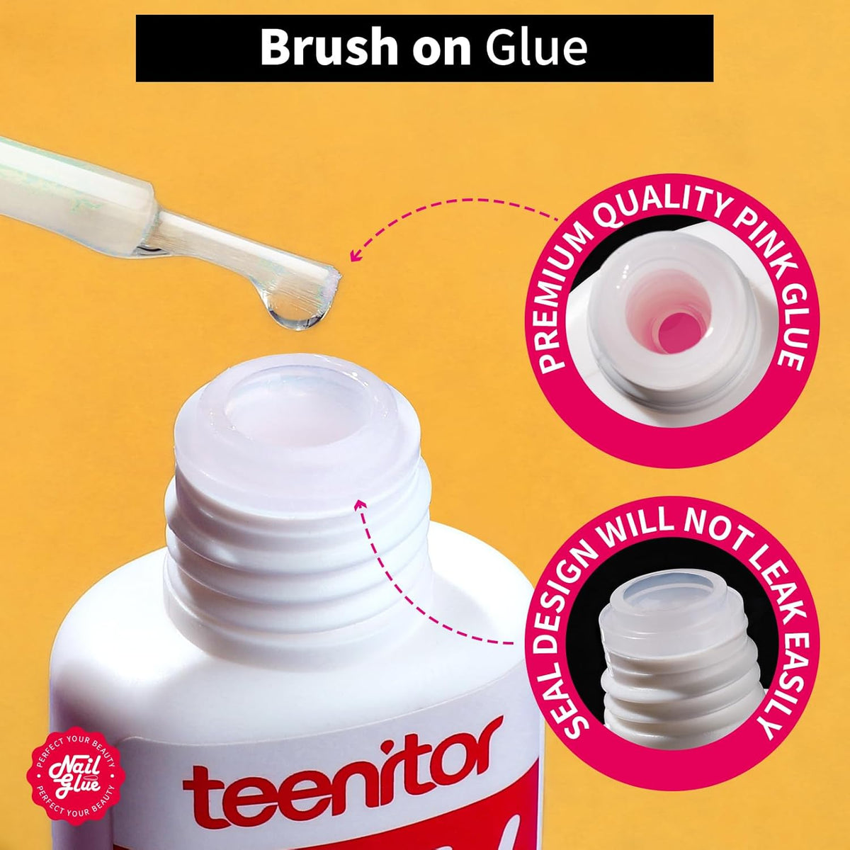 Teenitor Pink Nail Glue, 10 Pack Brush On, Strong for Press Ons & Acrylic Nails, Water Resistant
