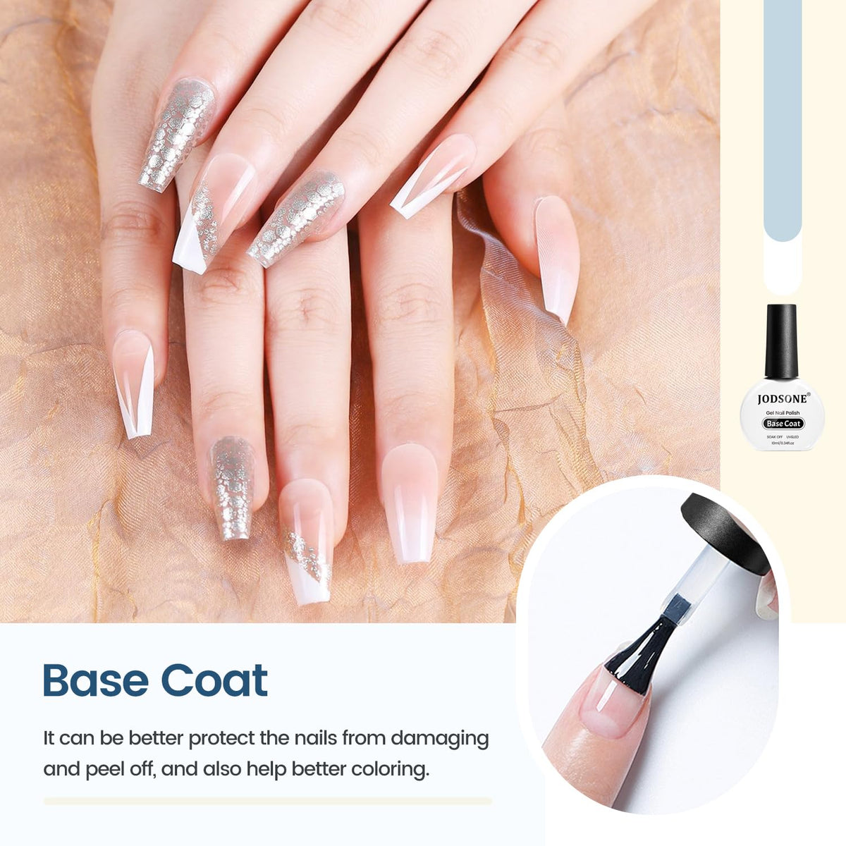 JODSONE 10ml Base Coat Gel Nail Polish Glossy Durable Gel Soak Off Clear No Wipe Nail Salon and DIY