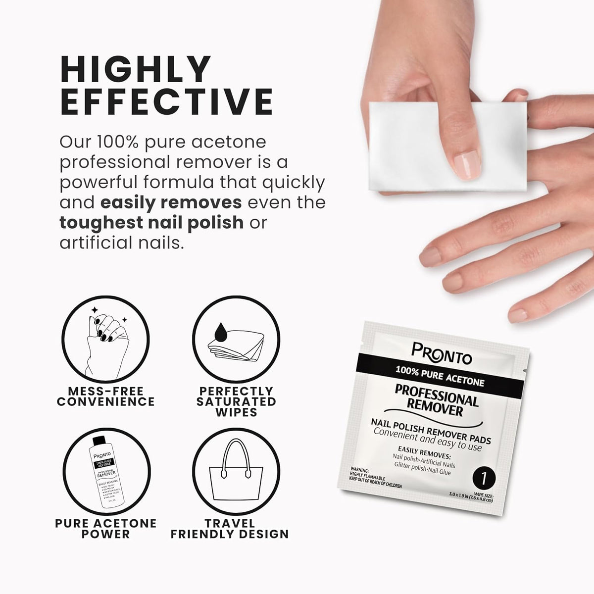 Pronto Acetone Nail Polish Remover Pads, 10 Pcs. Individually Wrapped Acetone Wipes, Pure Acetone