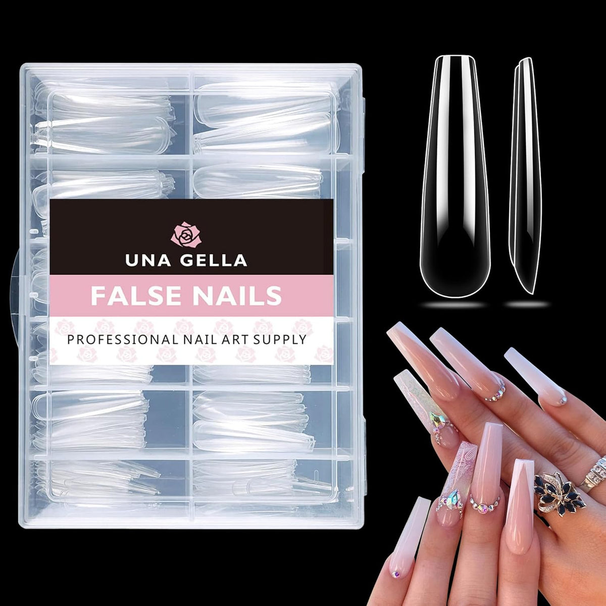 UNA GELLA XXL Coffin Nails Tips Full Cover 216pcs Extra Long Coffin Nail Tips No C Curve Clear