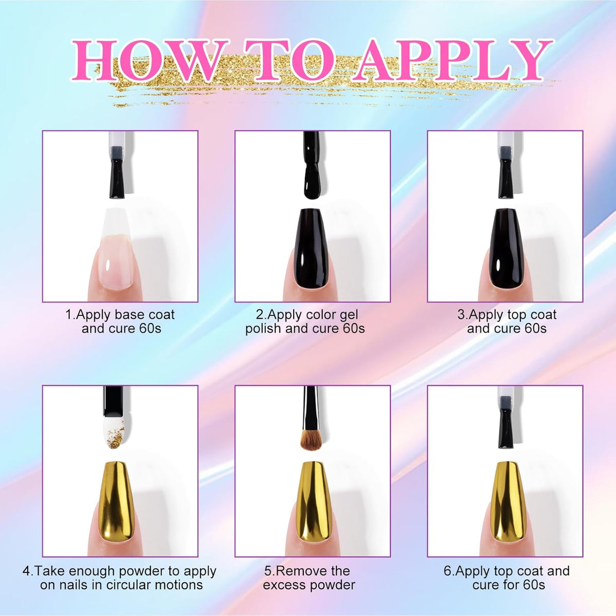 NXJ INFILILA Gold Silver Chrome Nail Powder, Metallic Mirror Pigment Glitter Effect 4 Colors