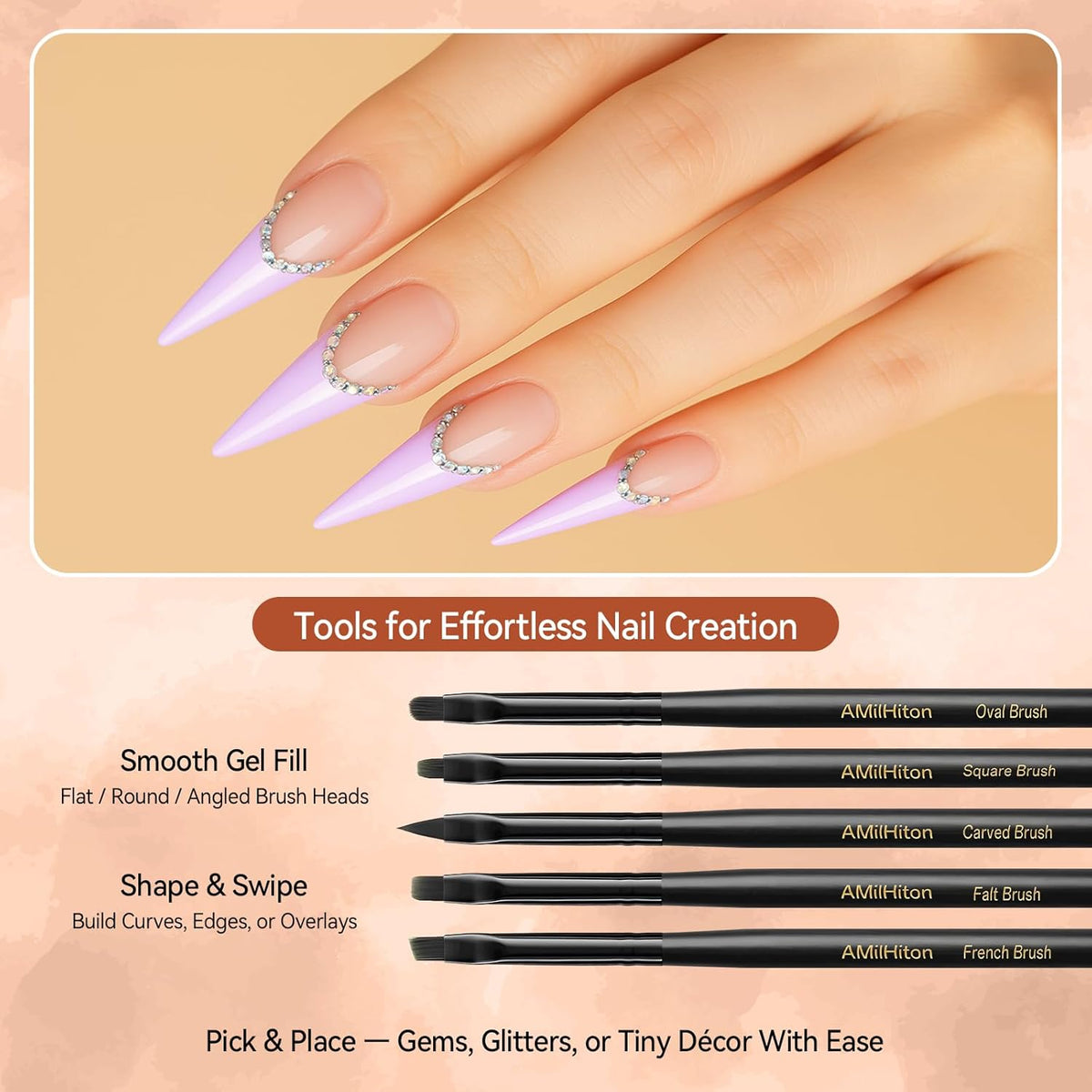 8PCS Nail Art Brushes for Builder Gel, Polygel & Polish – Flat, Round, Liner, French Tip & Detail