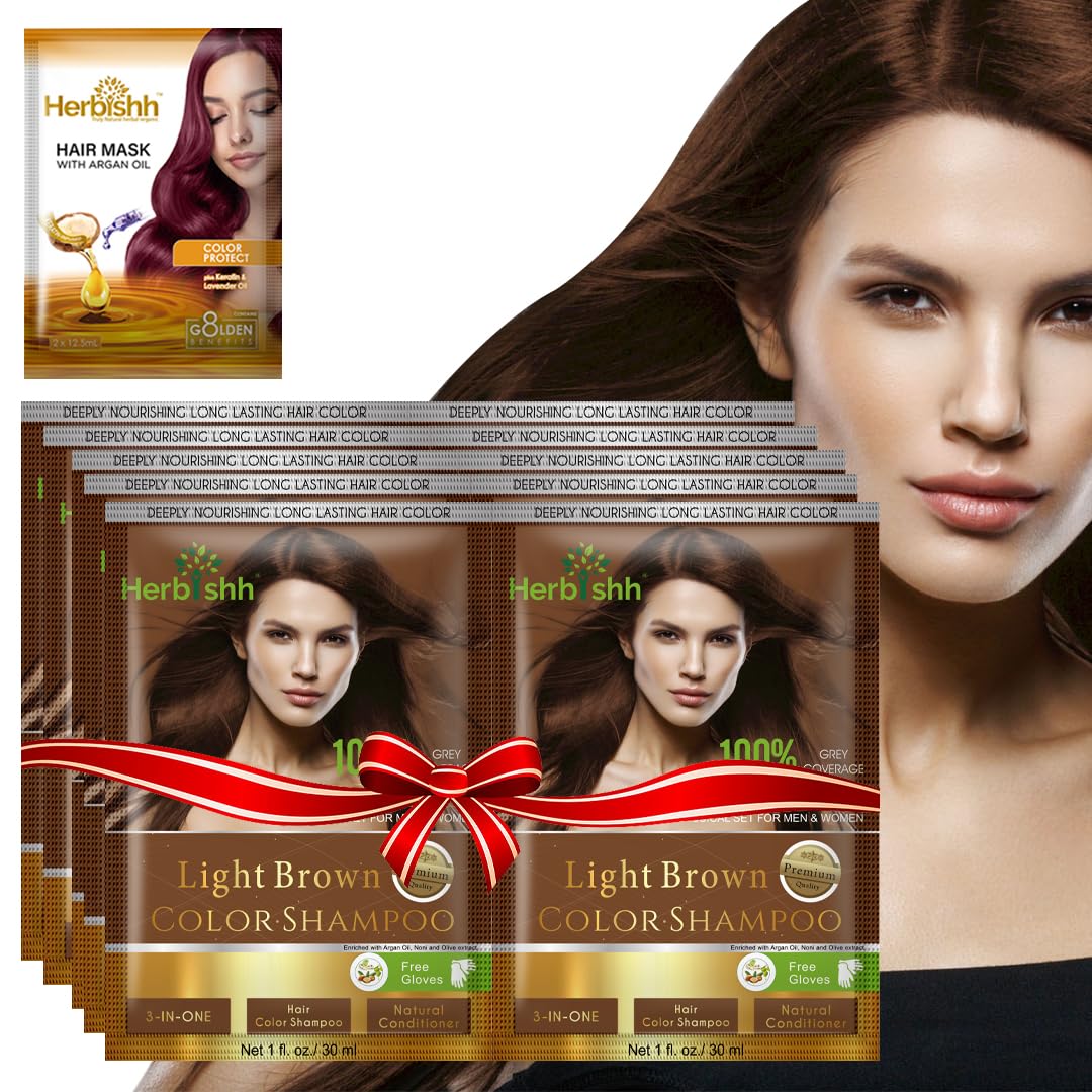 Herbishh Hair Color Shampoo for Gray Hair–Natural Hair Dye Shampoo with Argan Hair Mask–Travel