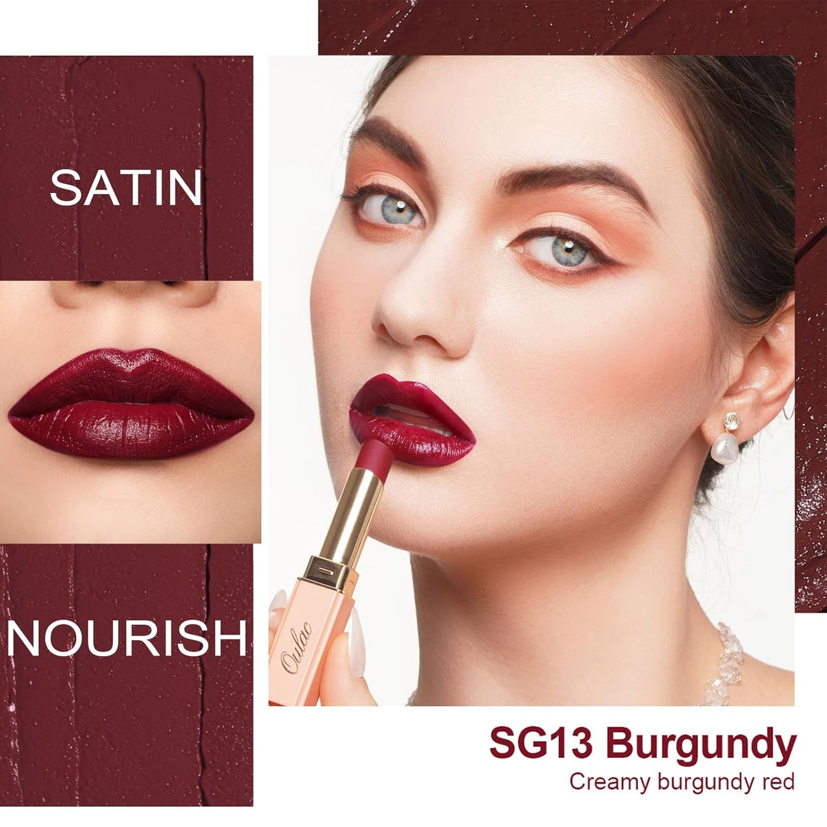 Oulac Color Rich Satin Lipstick - Burgundy Red Full Coverage Lip Color, Creamy Silky-Smooth