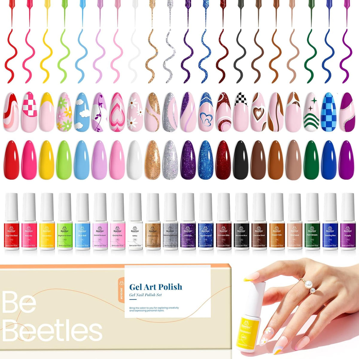 Beetles French Tip Gel Liner Nail Polish Set- 20 Colors Nail Art Polish Brown Glitter Pink Blue