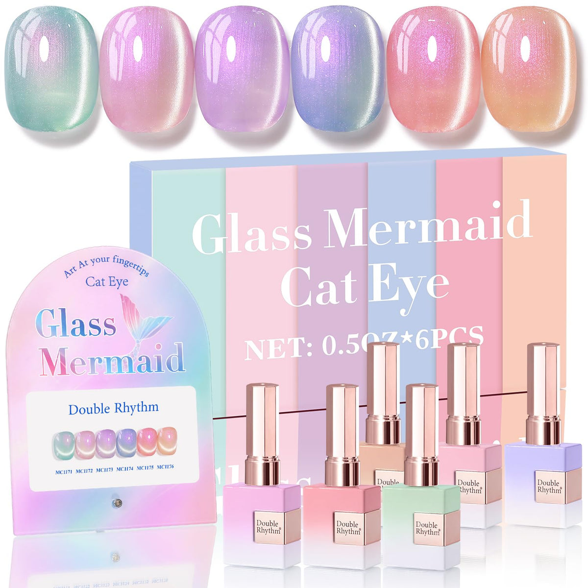 Double Rhythm Cat Eye Gel Nail Polish Set of 6 Same Color Same Bottle 0.5 Oz Shimmer Glitter with