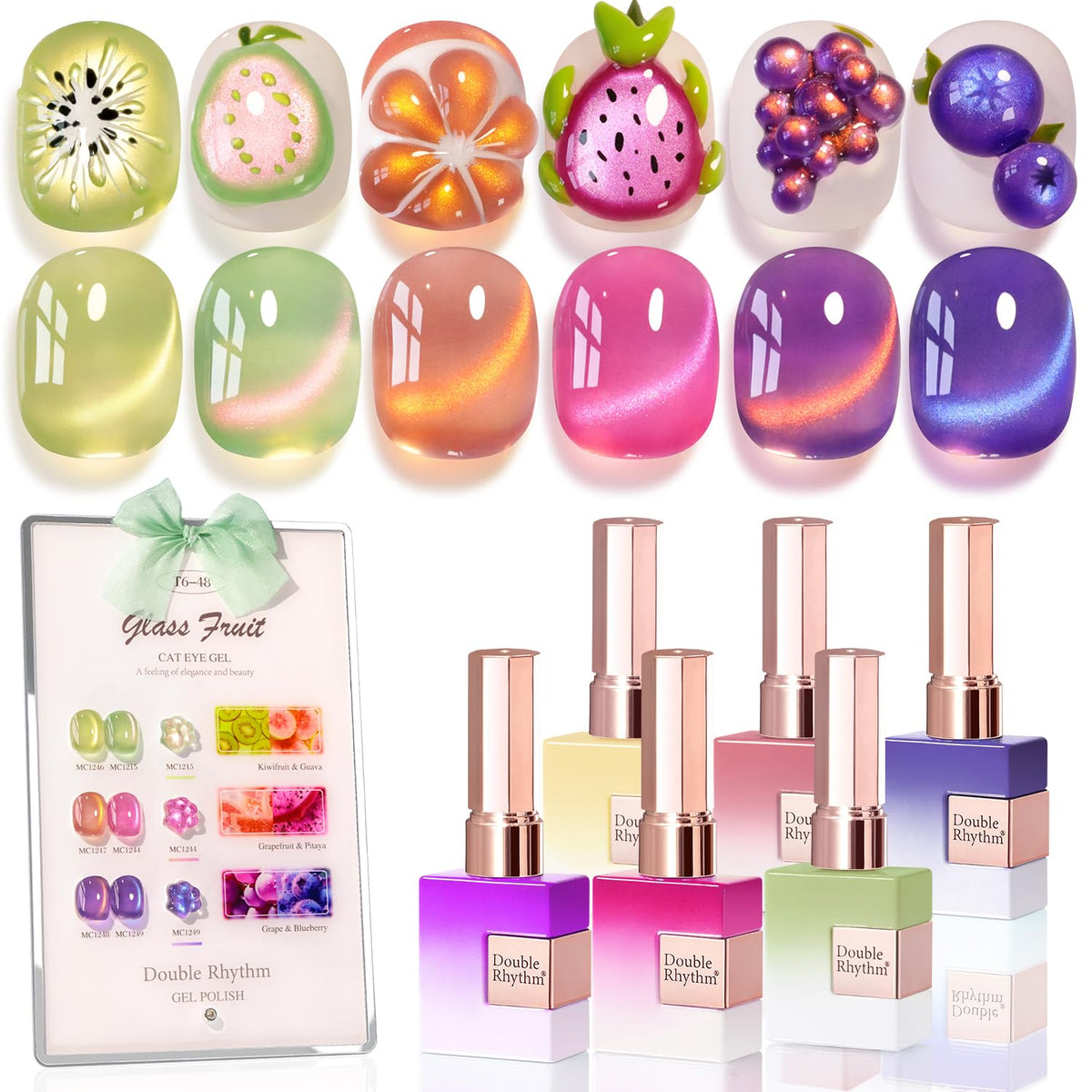 Double Rhythm Fruit Cat Eye Gel Nail Polish Set of 6 Same Color Same Bottle 0.5 Oz Shimmer Glitter