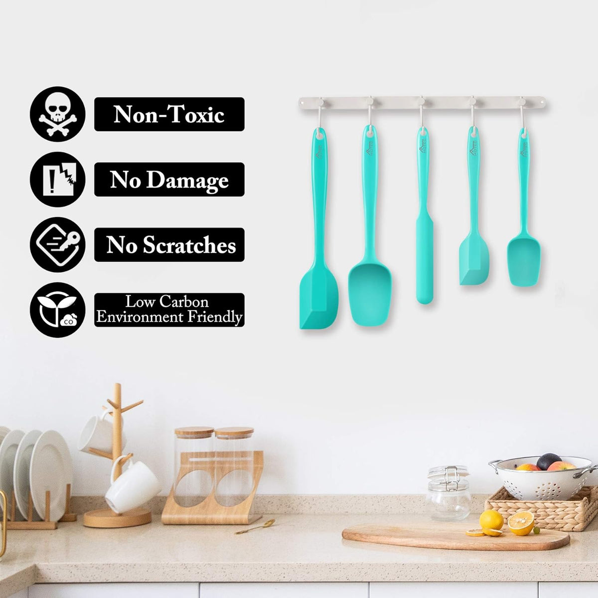 HOTEC 600℉ Heat Resistant BPA-Free Silicone Rubber Spatula Set,Kitchen Cooking Spatulas, Baking