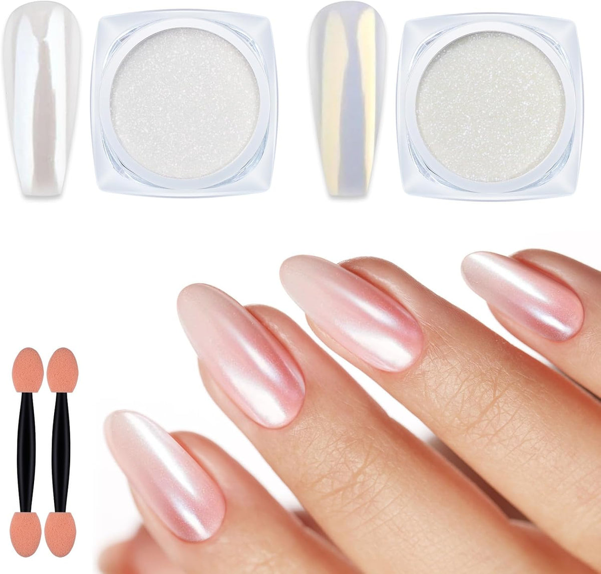 Artdone 2 Jars Chrome Nail Powder White and Gold Pearl,Iridescent Aurora Powder Metallic Mirror