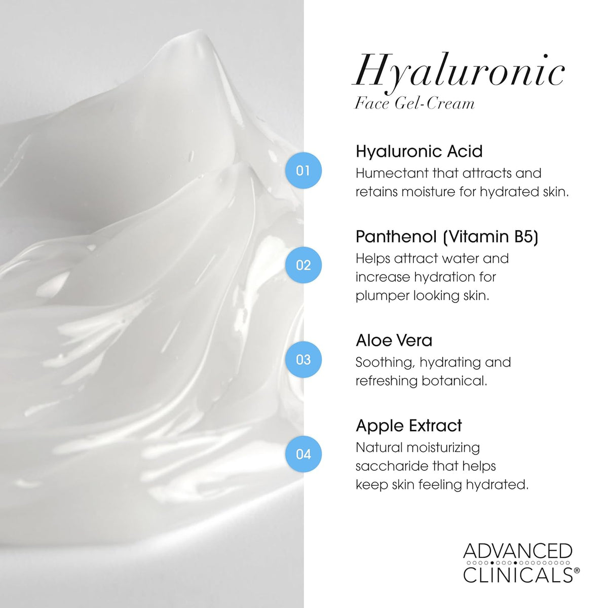 Advanced Clinicals Hyaluronic Acid Moisturizer Gel Face Cream W/Vitamin E + B5 | Hydrating &