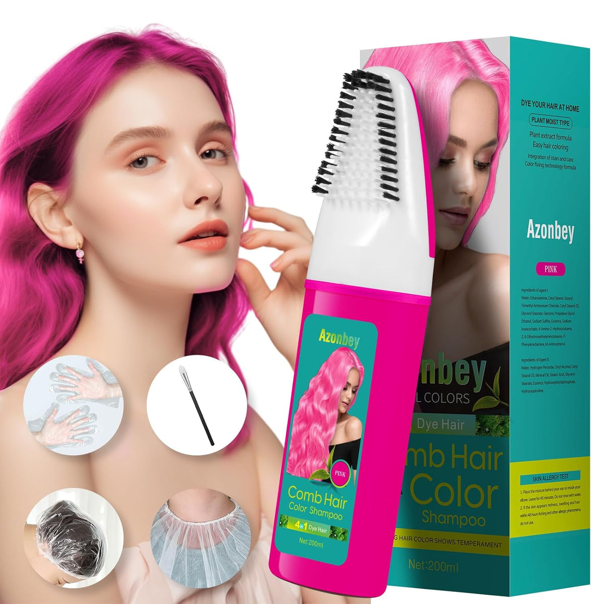 Pink Hair Dye Shampoo for Women Gray Hair,Haircare 4 in 1 Semi-Permanent Gray Hair Coverage,Champu