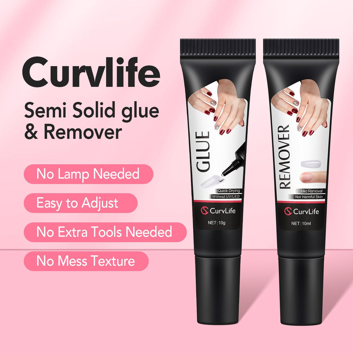 Curvlife Newly Upgraded Quick Drying 10g Semi Solid Nail Glue Gel with 10ml Remover Kit for Press