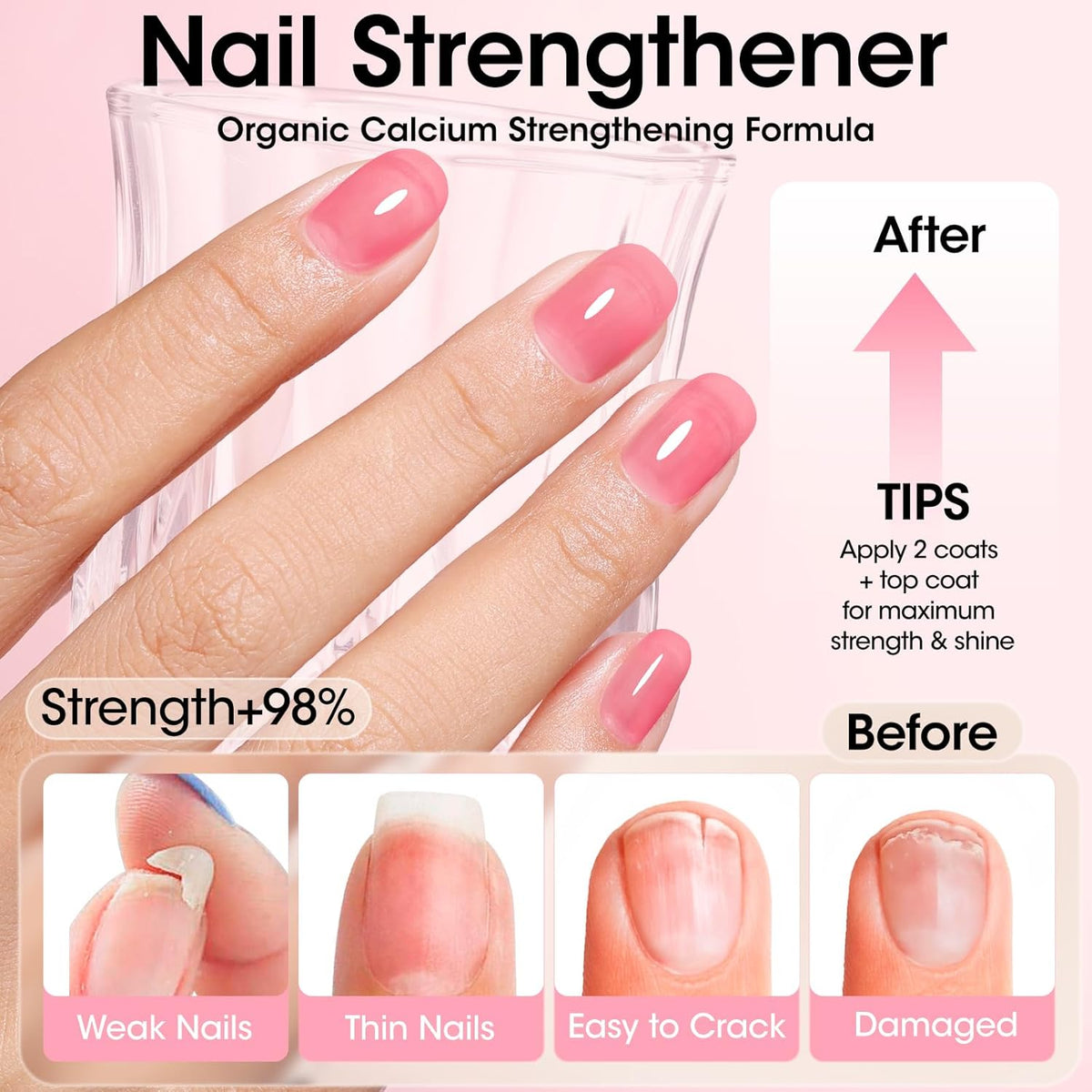 Gellen 4‑in‑1 Clear Nail Polish Base Coat Sheer Tinted Red, Ridge Filler, Nail Strengthener &