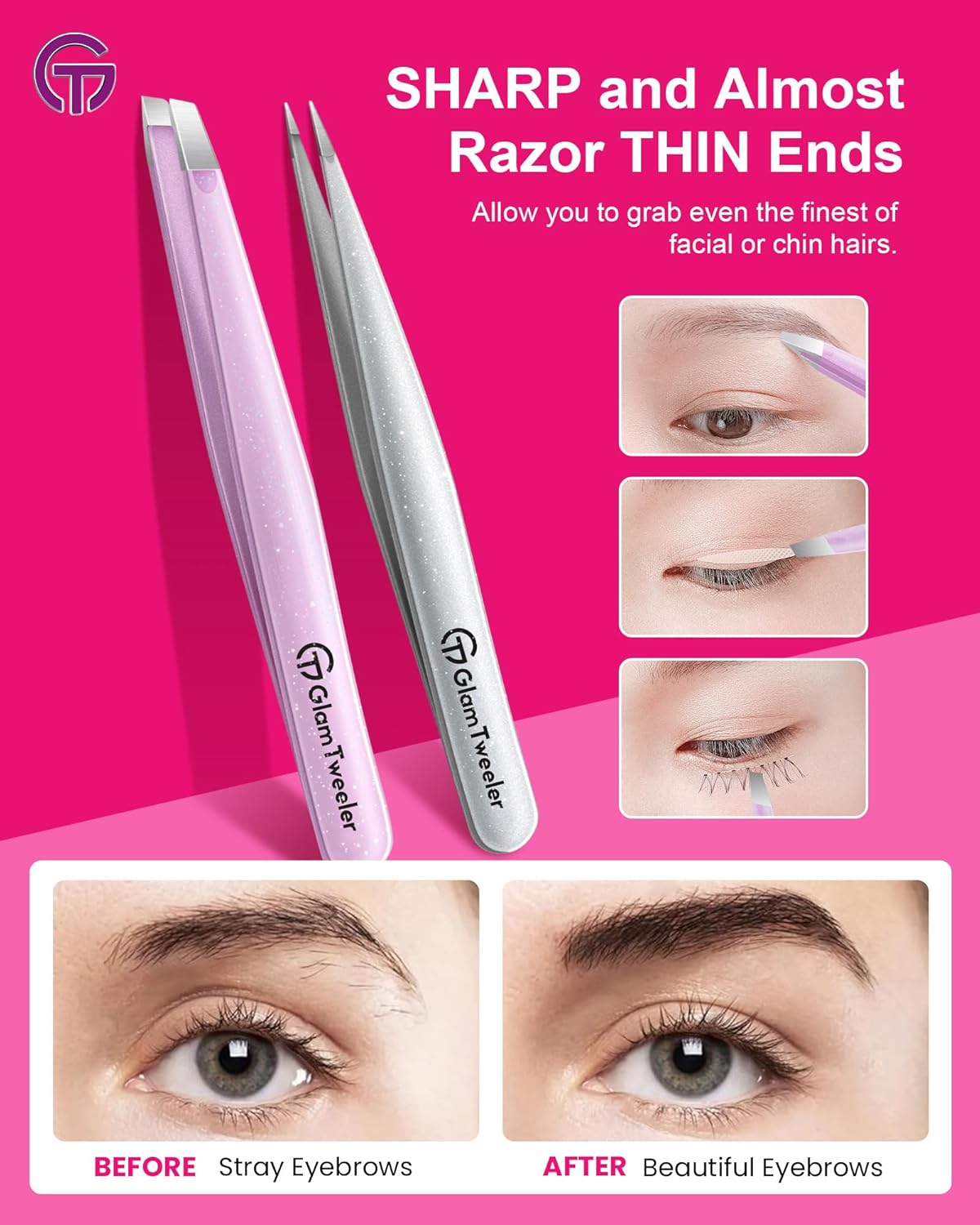 Expert Slant and Point Tip Tweezer Set with Exclusive Storage & Carrying Case, GlamTweeler Sharp &