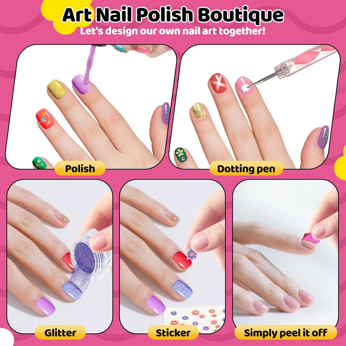 Tudaymol Nail Polish Set for Kids - Water-Based Peelable Polish-8 Colors with Glitter, Gems