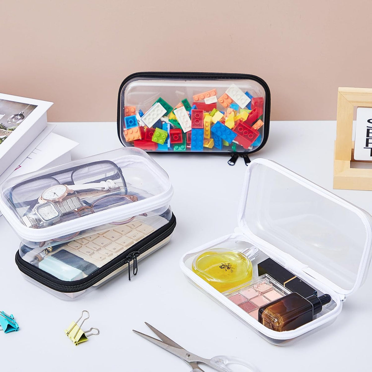 Hoolerry 4 Pcs Hard Clear Zipper Case Makeup Bags Plastic Pencil Pouch Transparent Storage Box