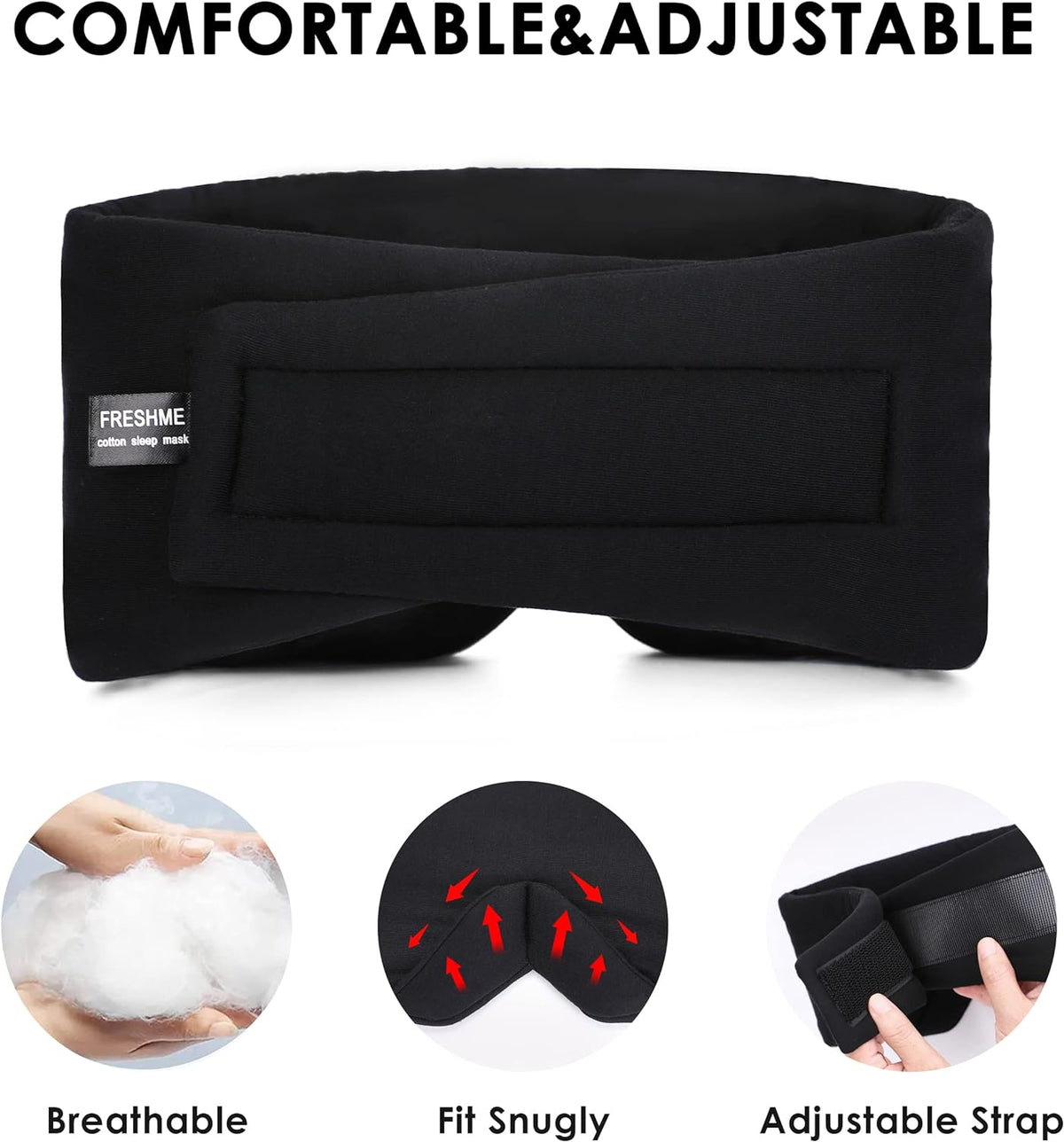 FRESHME Sleep Mask Blackout - Handmade Cotton Sleep Mask for Women Men Eye Mask for Sleeping Black