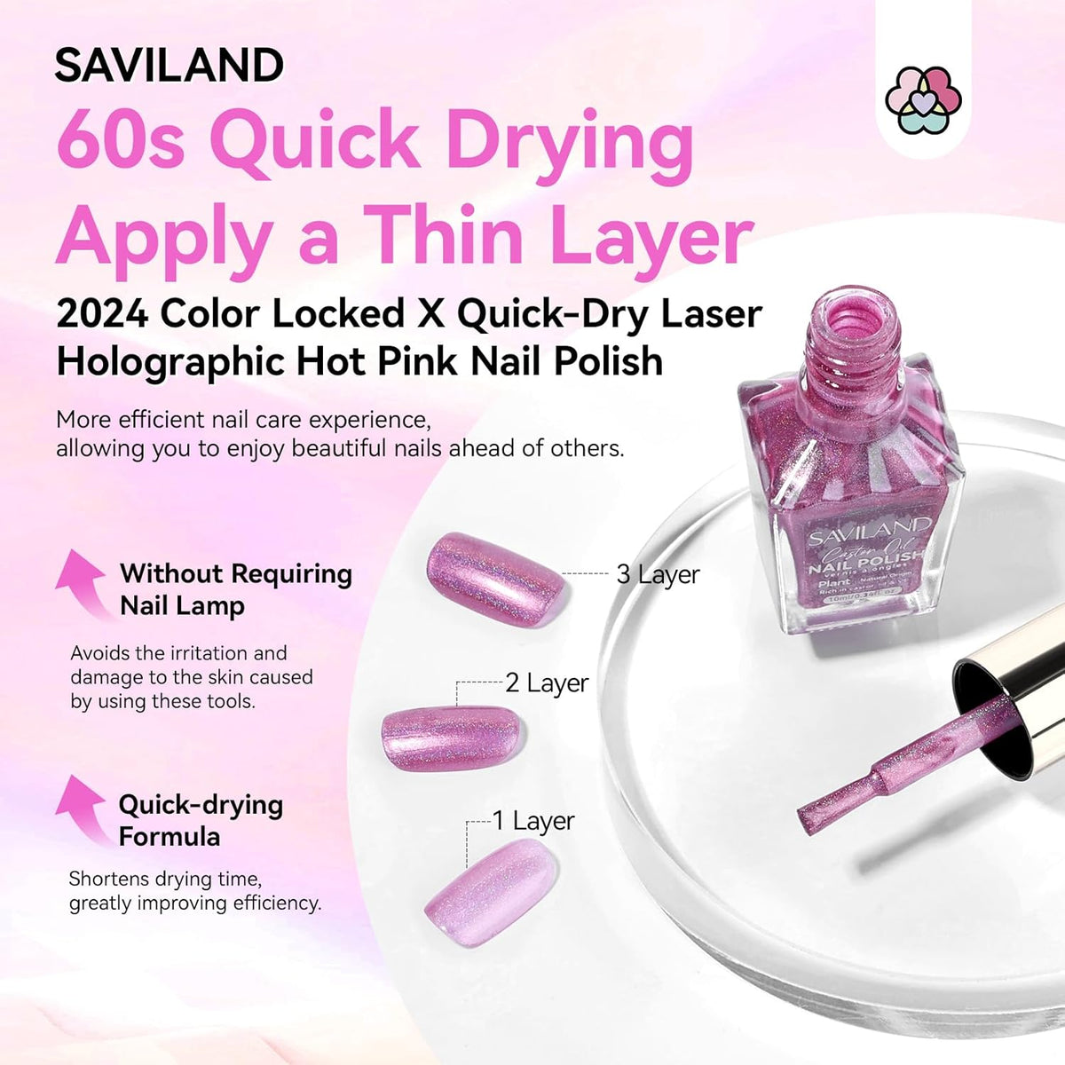 SAVILAND Holographic Nail Polish Pink: Metallic Chrome Nail Polish Air Dry Fast,10 ml/0.34 oz High