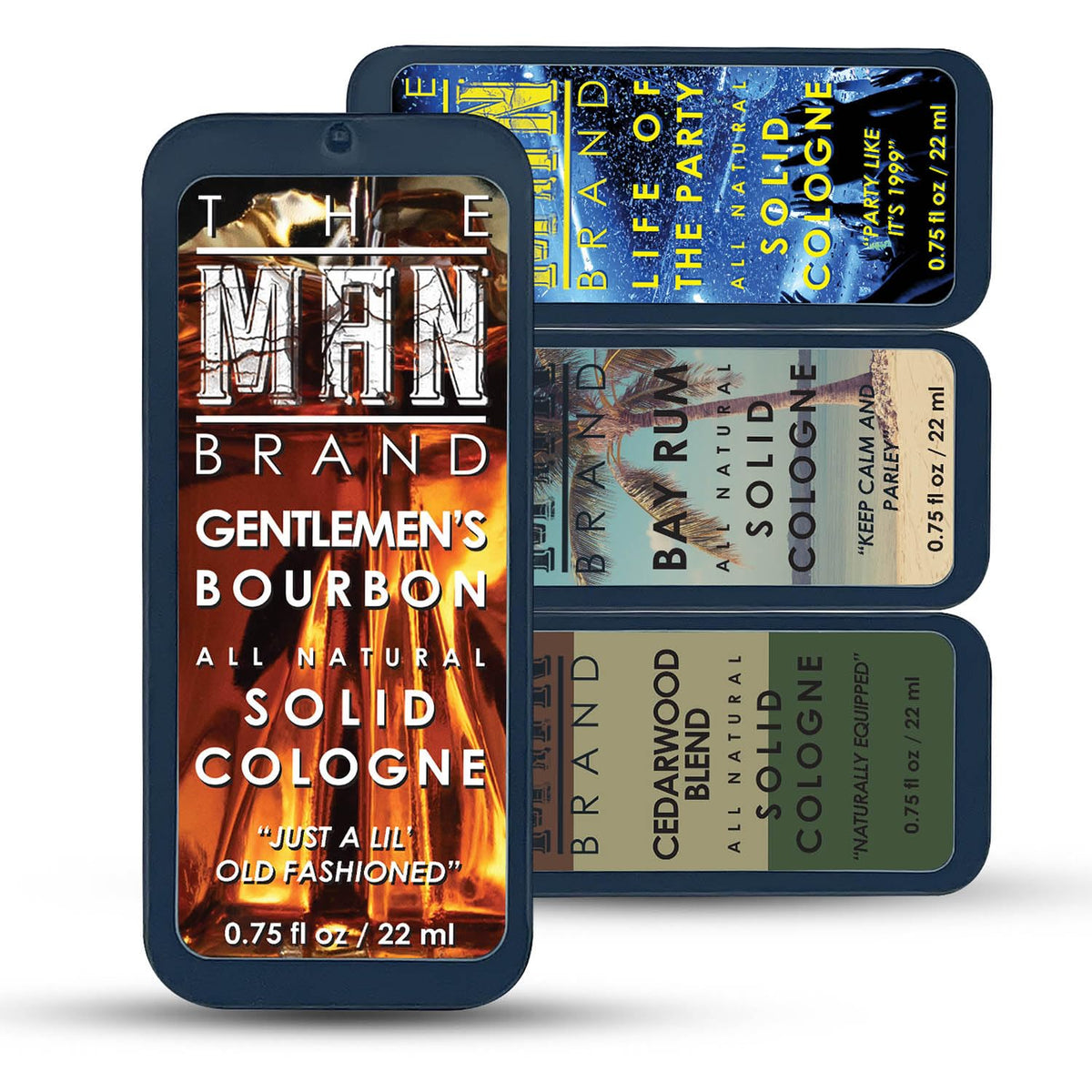 Solid Cologne Set with Bay Rum Solid Cologne, Bourbon Solid Cologne, Woodsman, and Life of the