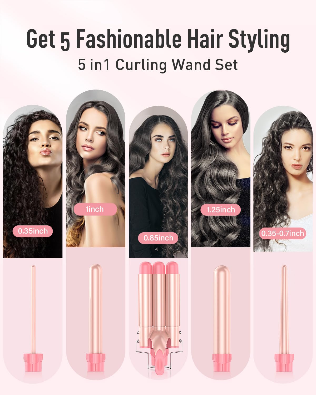 Waver Curling Iron Wand - BESTOPE PRO 5 in 1 Curling Wand Set with 3 Barrel Hair Crimper for Women