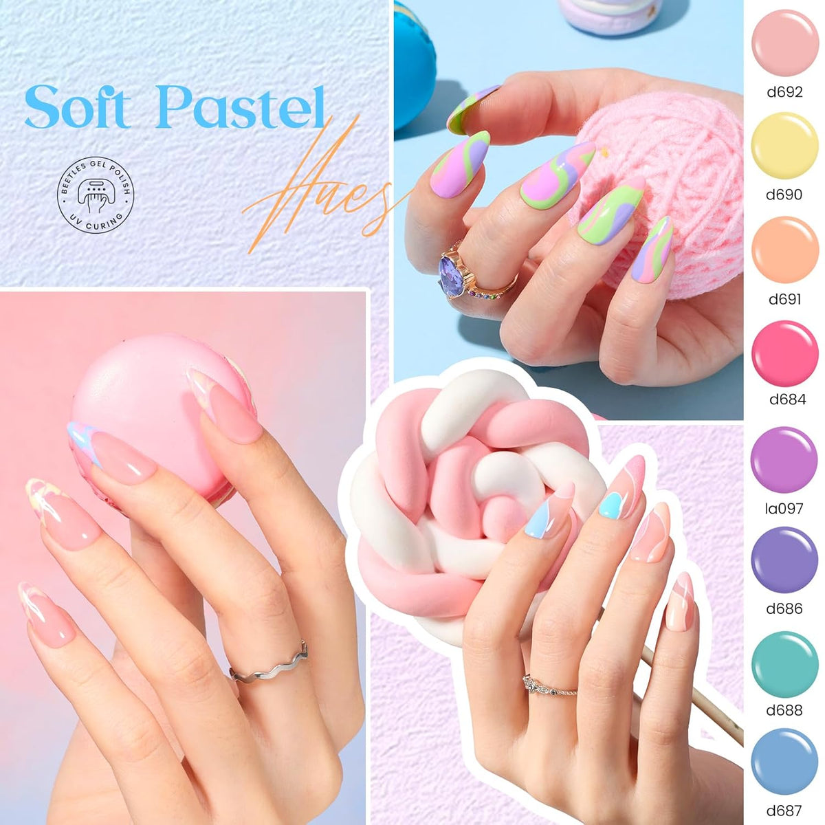 Beetles Gel Polish Liner Nail Art Set, 50 Colors Spring Summer Reflective Glitter Pink Red Blue