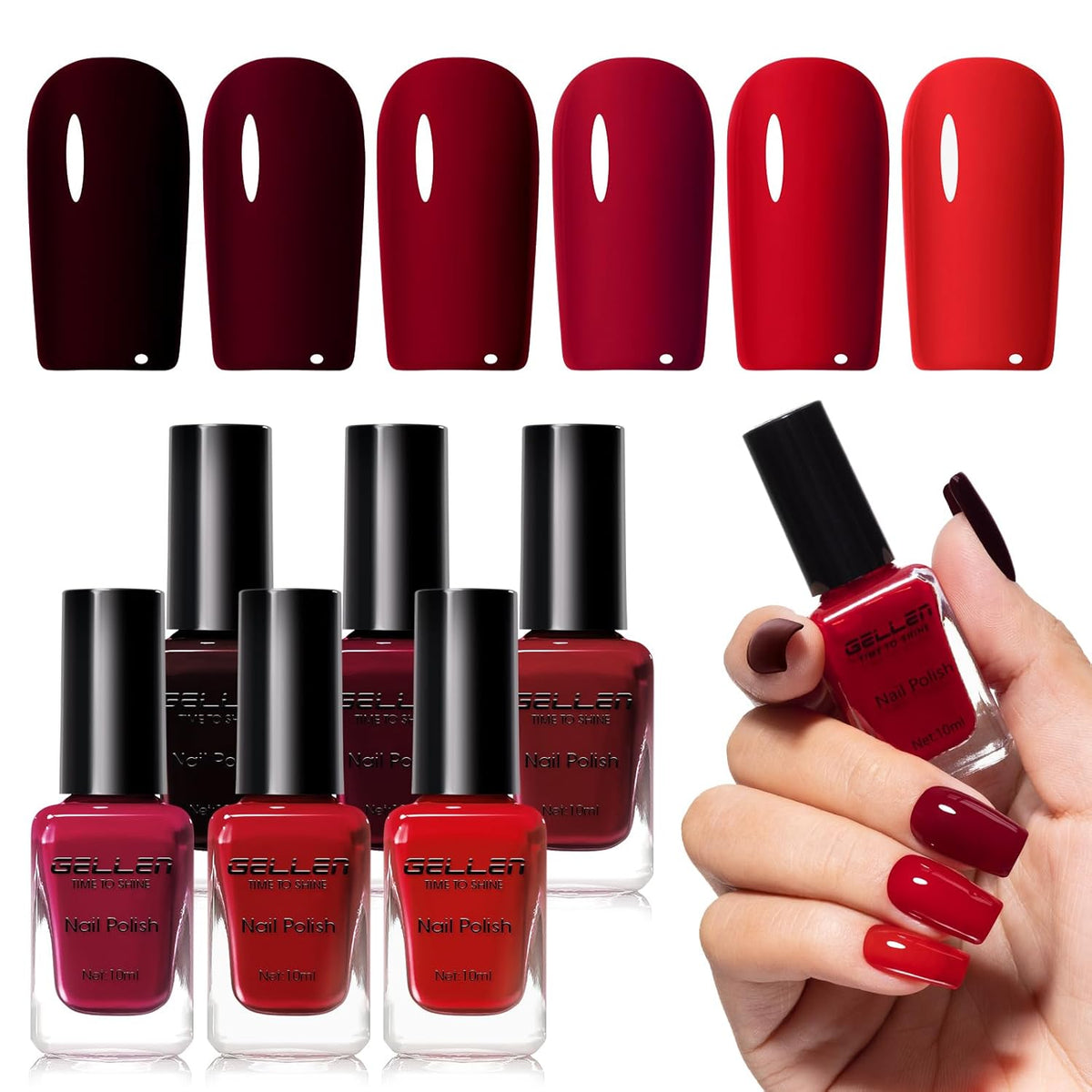 GELLEN Dark Red Nail Polish Set, Deep Burgundy Wine Cherry Blood Red 6 Colors, Fall Winter Quick