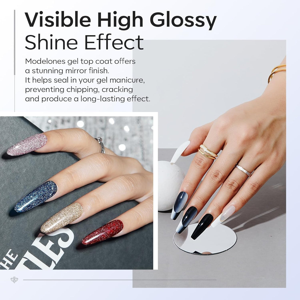 modelones Gel Top Coat, 2Pcs Clear Glossy Finish No Wipe Top Coat Summer Gel Nail Polish, Acrylic