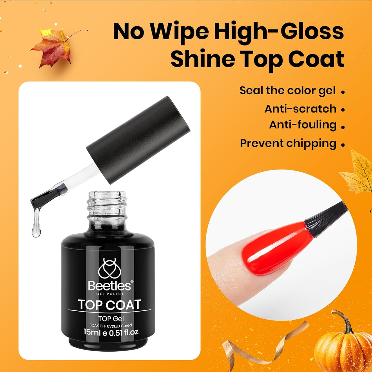 beetles Gel Polish 2Pcs 15ml No Wipe Top Coat Gel Nail Polish High Gloss Shiny Long-Lasting Clear