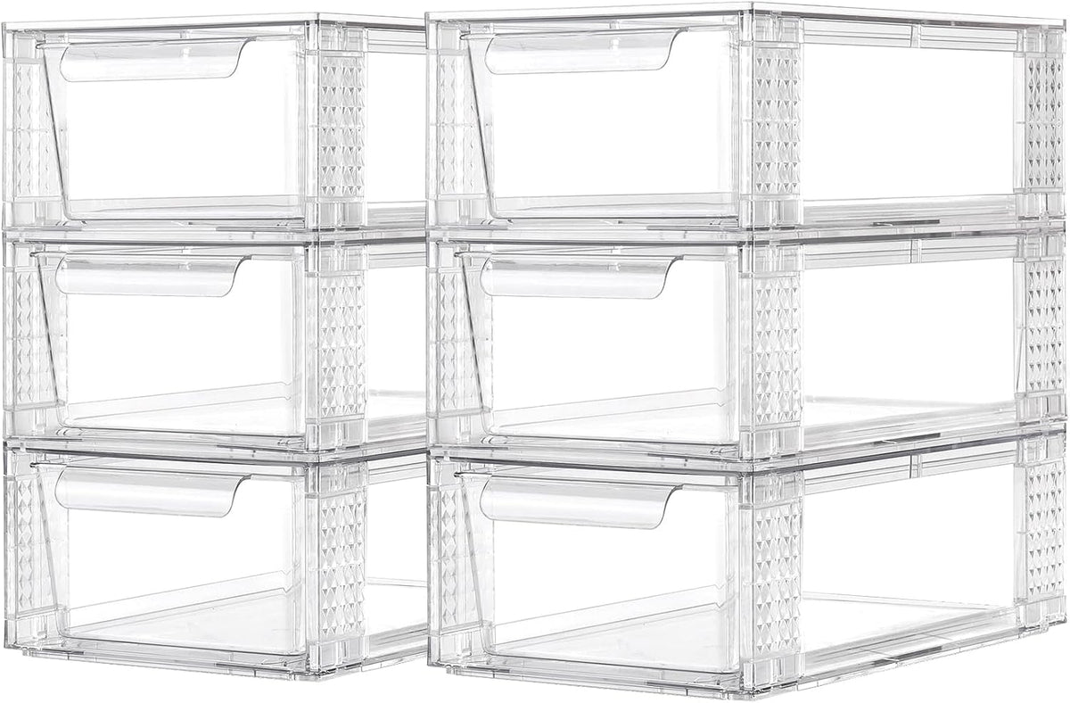 6 Pack Clear Stackable Storage Drawers, 3.95" H Easily Assemble Acrylic Organizer Bins - Multi-Use