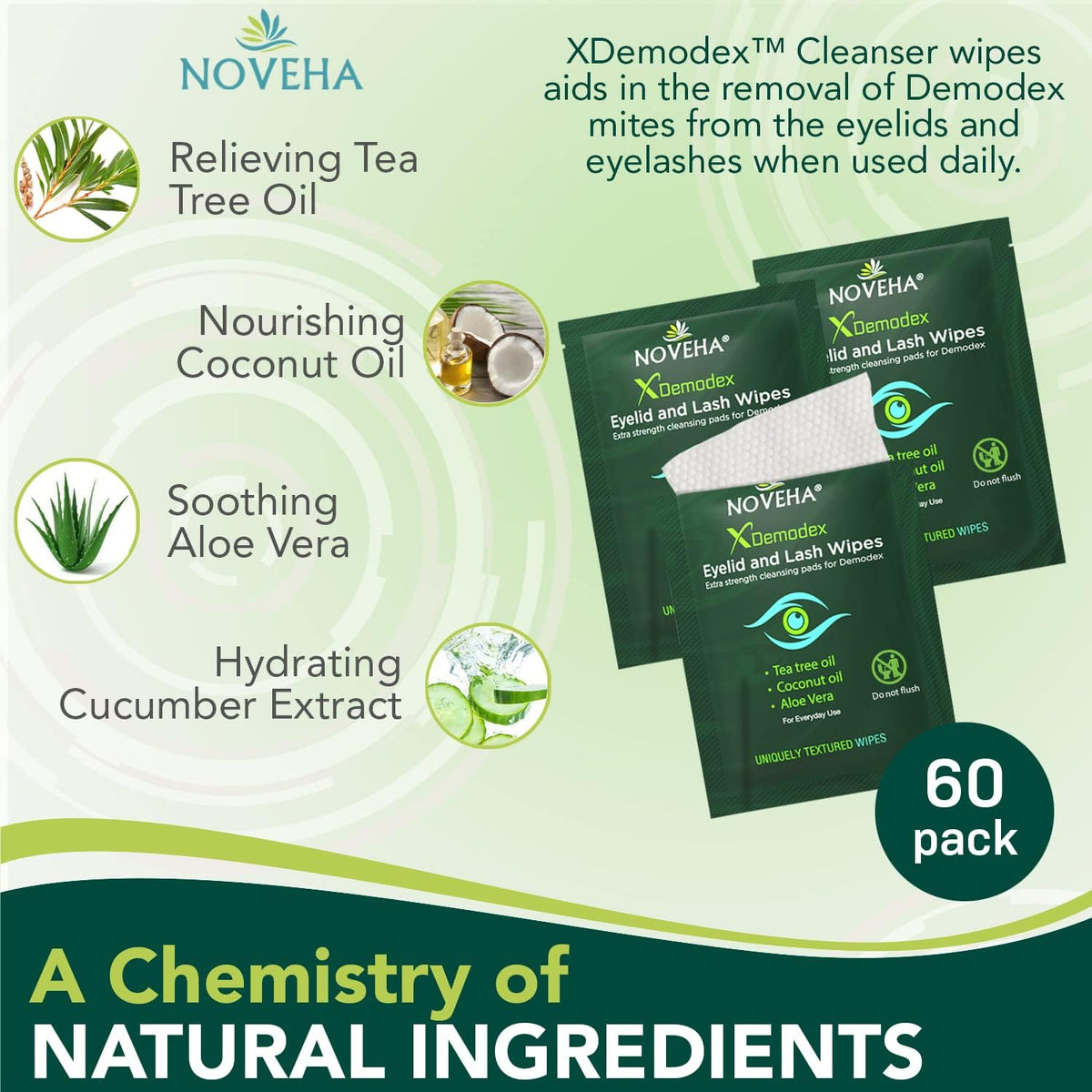 NOVEHA Demodex Eyelid & Lash Wipes | Box of 60 Individually Wrapped Extra Strength Cleansing