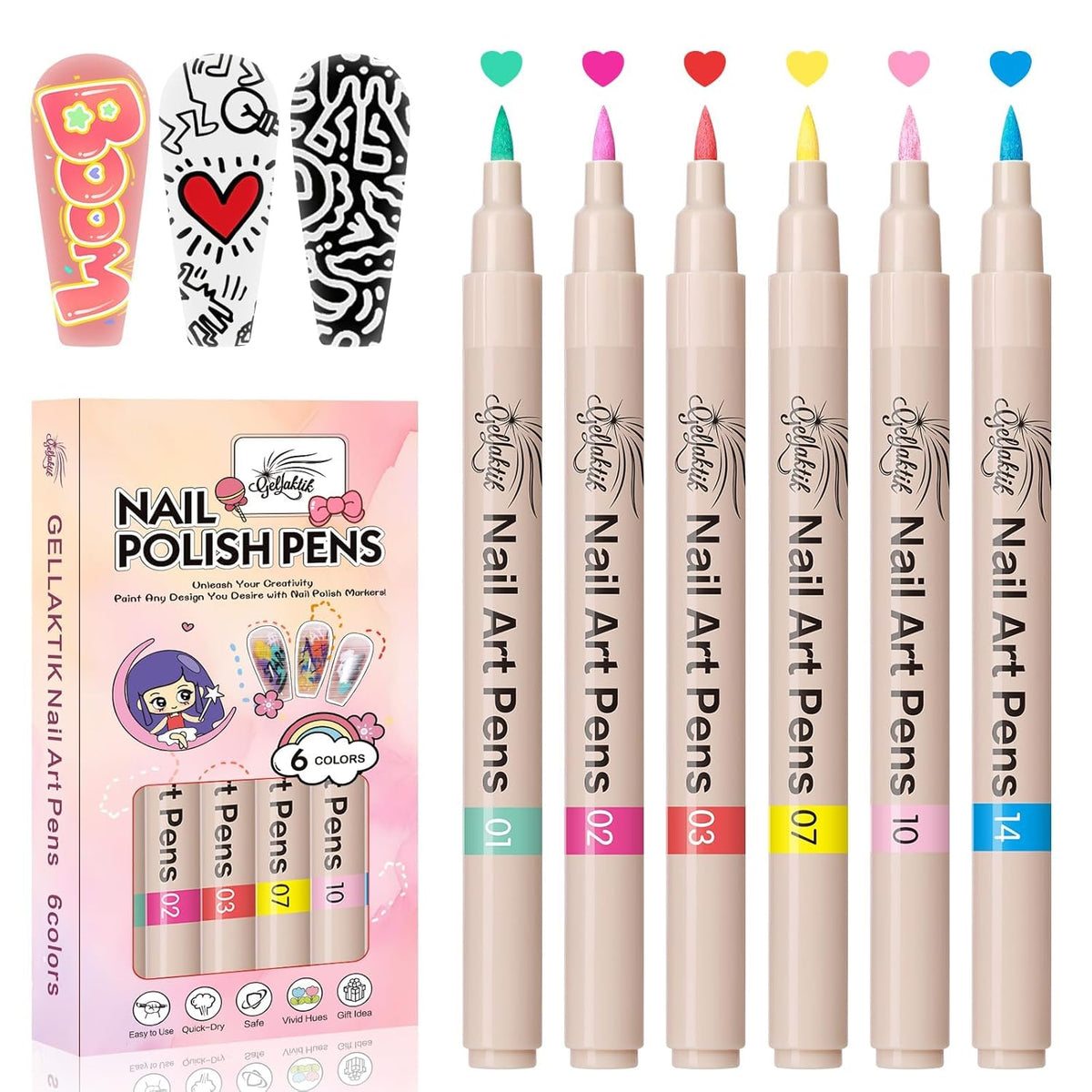 6 Colors Nail Art Pens Set, 3D Nail Polish Pens Quick-Drying Acrylic Paint Markers, Dotting Liner