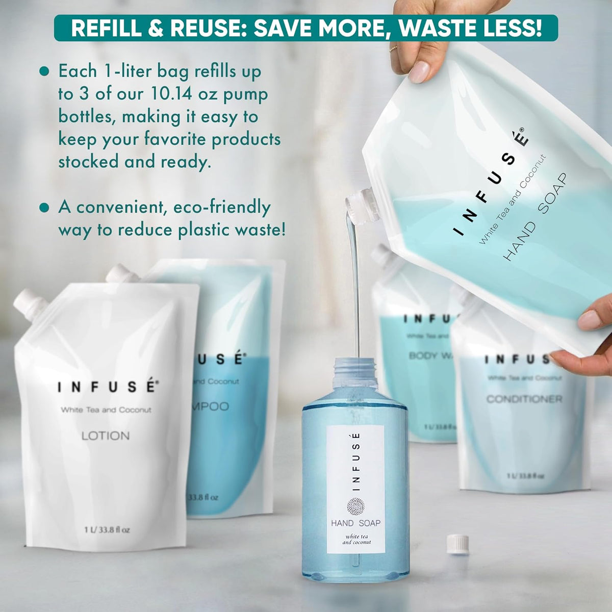1 Liter Hand Wash Refill Bag For Soap Dispensers | Bulk Toiletries for Vacation Rentals, and Home