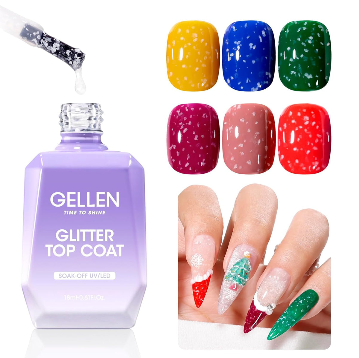 GELLEN Glitter Gel Top Coat, Snowflake Top Coat Nail Polish, Soak off Clear Glossy No Wipe Gel with