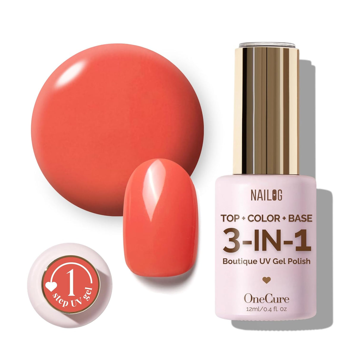 NAILOG One Step Coral Gel Nail Polish 12ml Top Coat Color Gel Base 3-In-1 Formula Soak Off UV Gel
