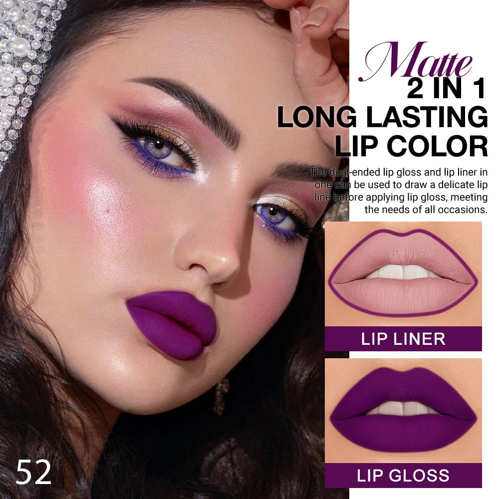 evpct 1Pcs Purple Matte Lip Liner & Liquid Lipstick Stain Makeup Set for Women, Purple Lip Liner