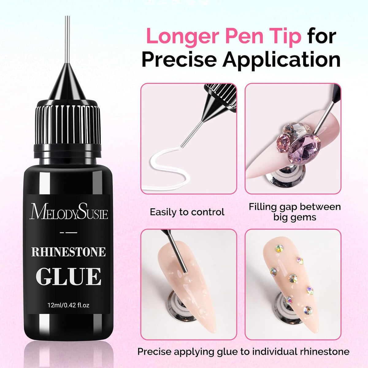MelodySusie 2Pcs Nail Rhinestone Glue, 3D Gel Nail Art Design Strong Adhesive Nail Gem Glue for