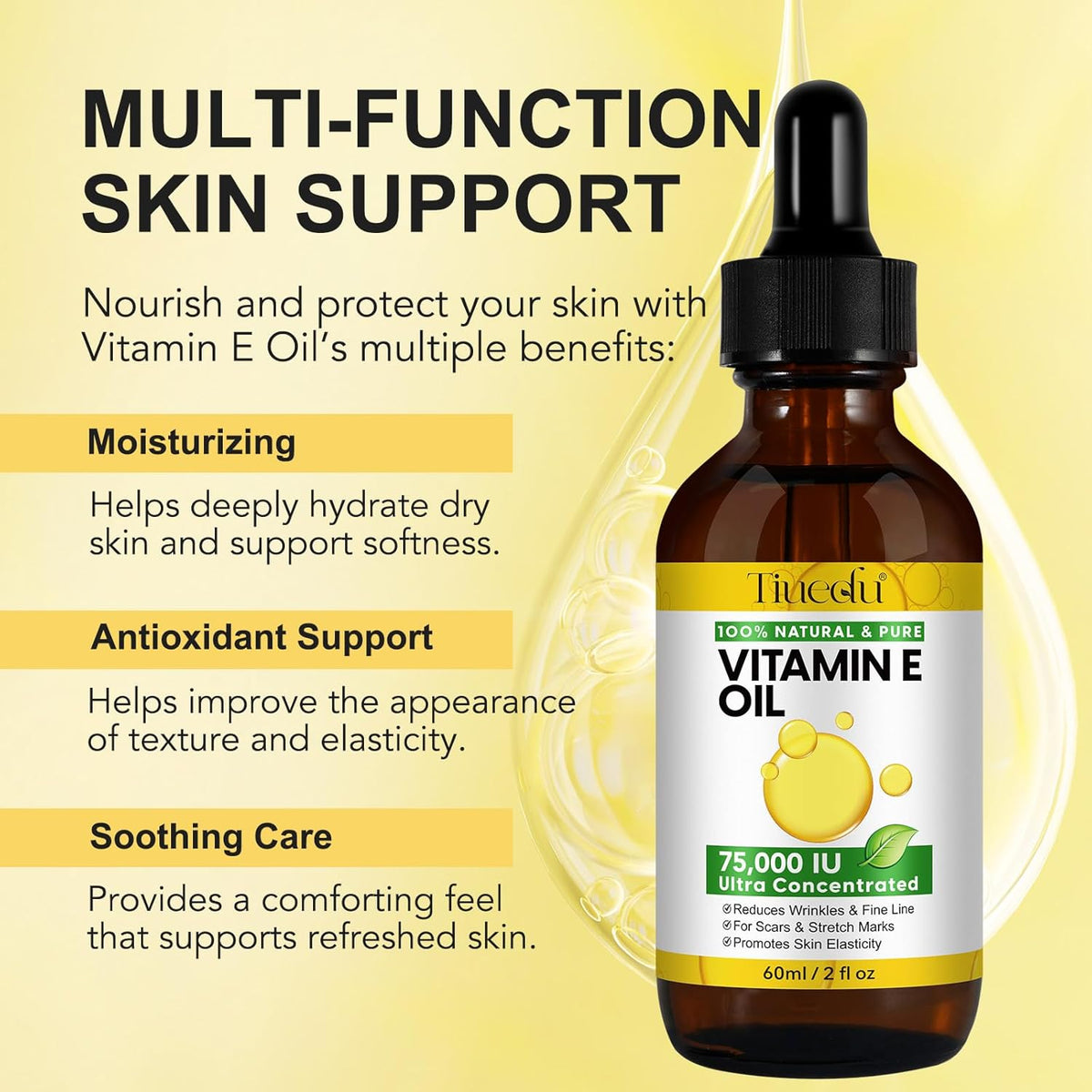 Tiuedu Natural Vitamin E Oil for Skin, 75,000 IU Ultra Concentrated Vitamin E Oil for Face, Hair