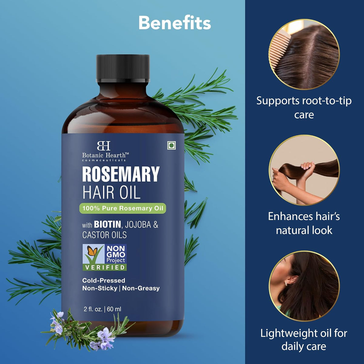 Botanic Hearth 100% Pure Rosemary Oil For Hair (2 Fl Oz) Infused With Biotin, Jojoba & Castor Oil |