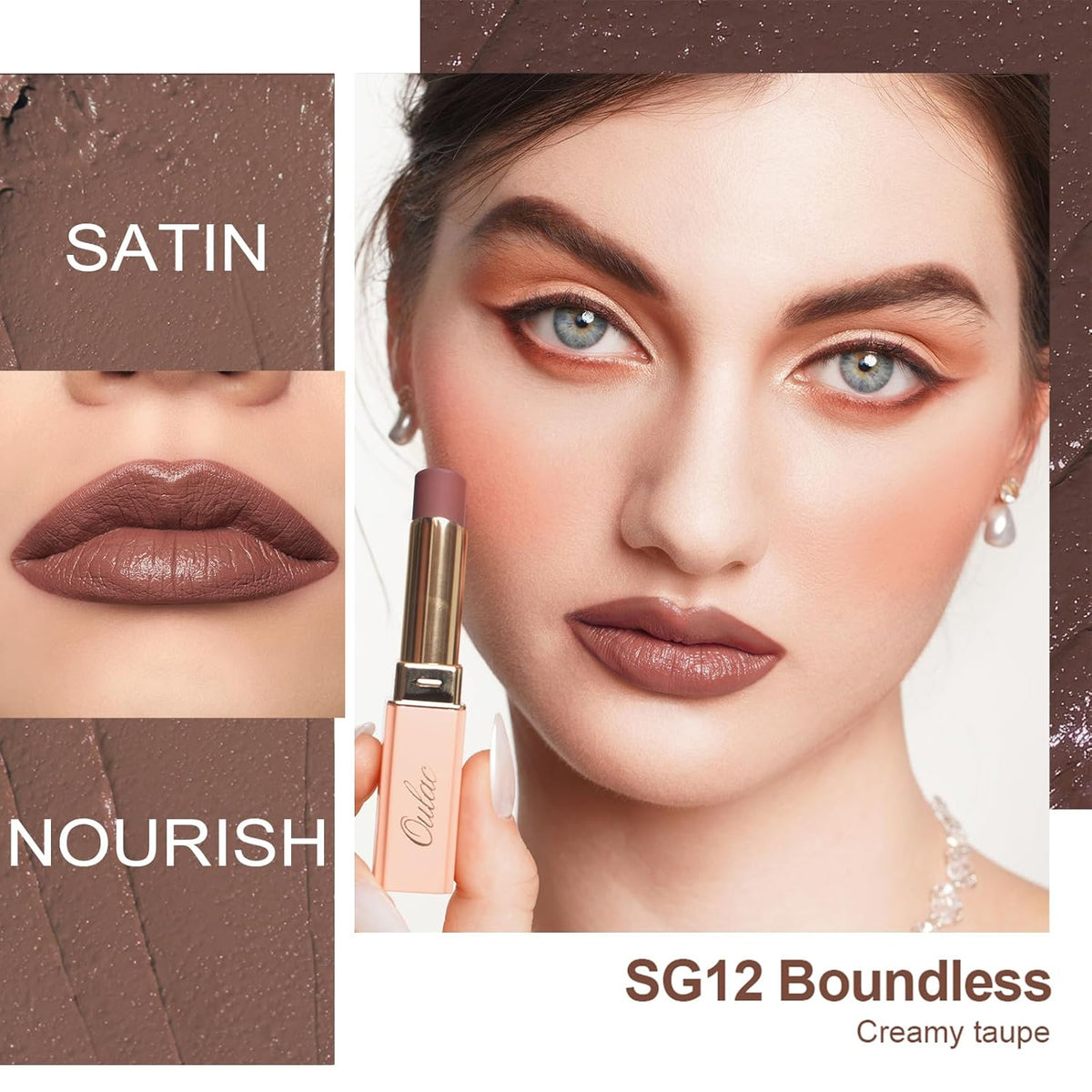 Oulac Color Rich Satin Lipstick - Greyish Brown Full Coverage Lip Color, Creamy Silky-Smooth