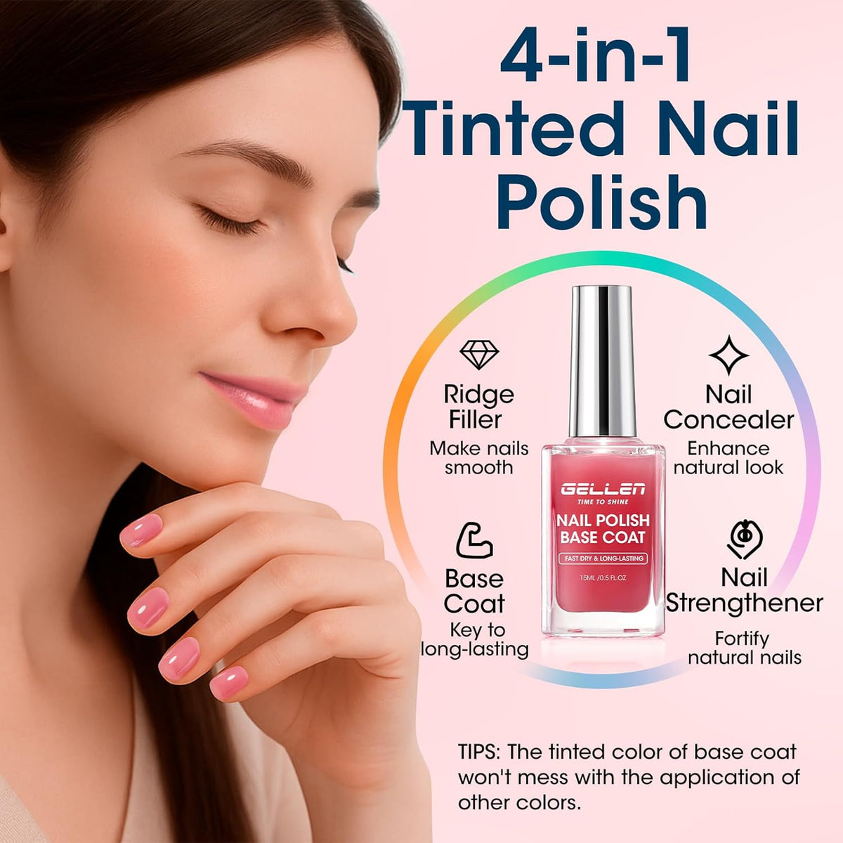 Gellen 4‑in‑1 Clear Nail Polish Base Coat Sheer Tinted Red, Ridge Filler, Nail Strengthener &