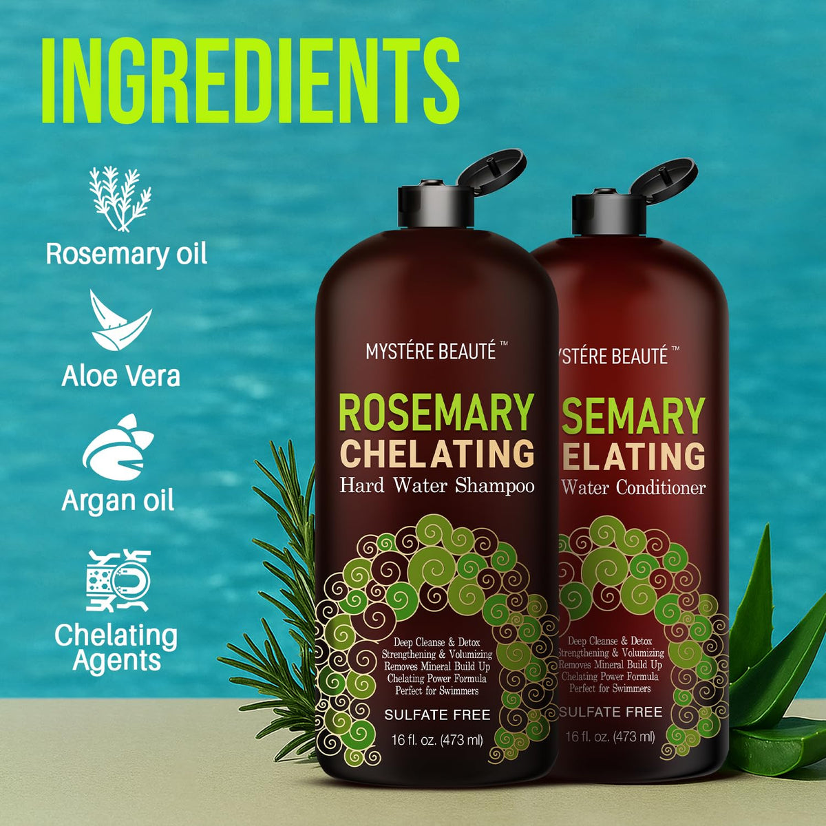 MYSTÈRE BEAUTÉ Rosemary Chelating Shampoo and Conditioner Set – Sulfate Free Hard Water Hair Care