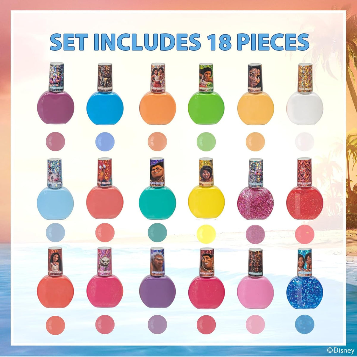 Townley Girl Moana 2 Non-Toxic Water-Based Peel Off Nail Polish Set with Glittery Shimmery Opaque