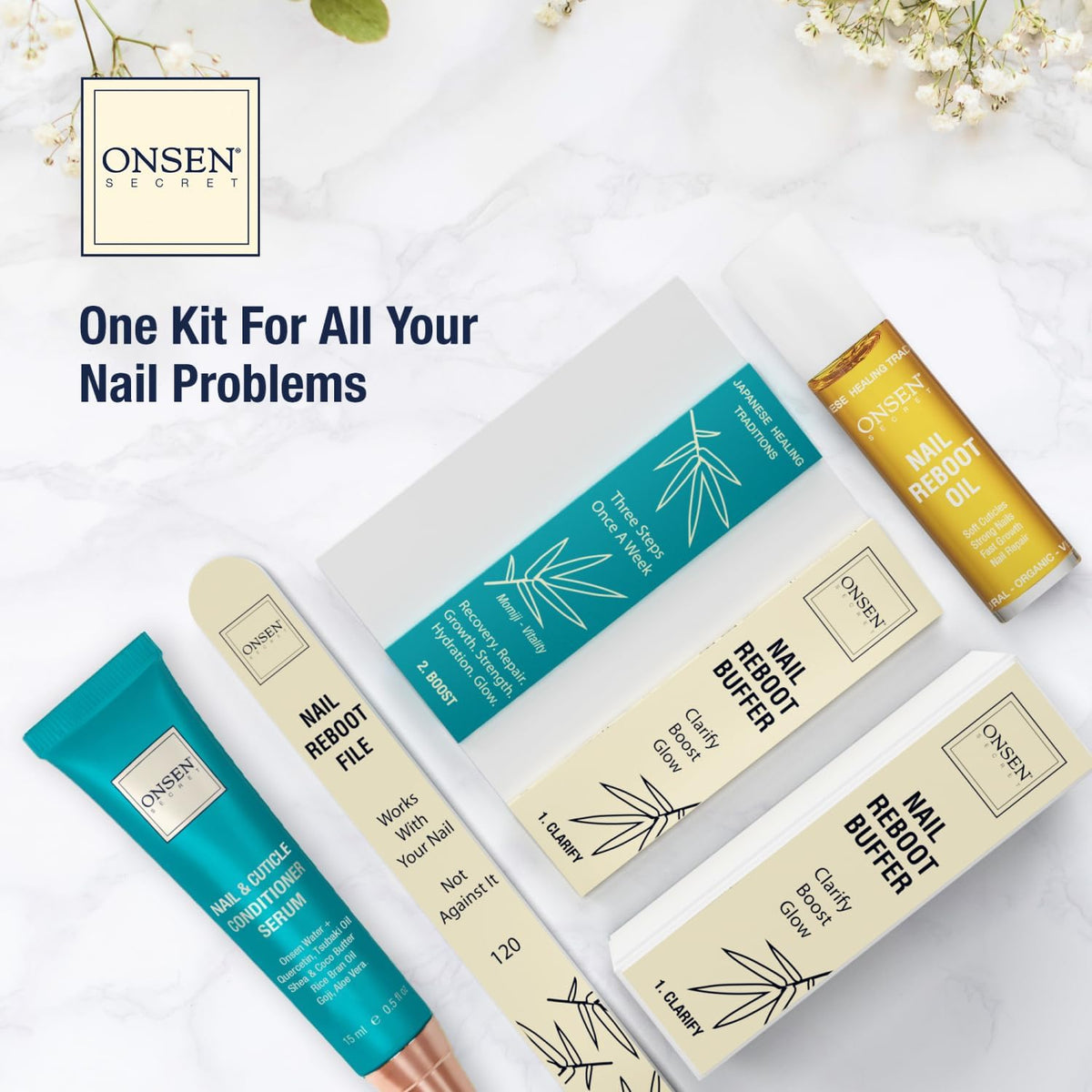Onsen Secret Complete Nail Reboot Kit w/Nail Reboot Oil 10ml, Nail File 120/180 Grit Double Sided