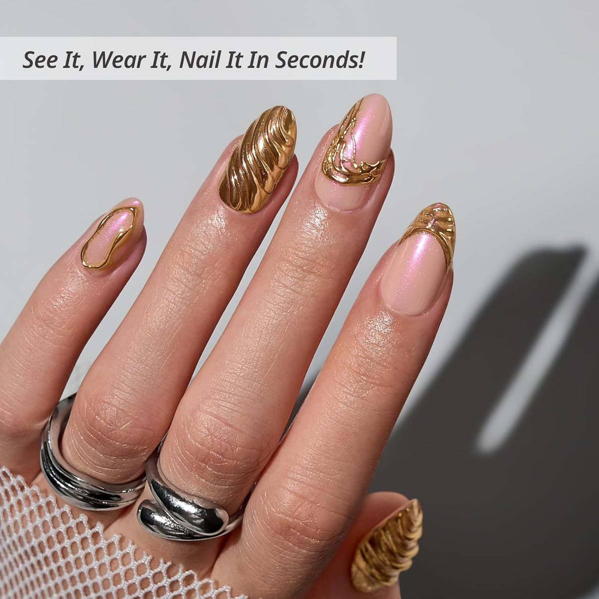 BTArtbox Press On Nails Short - 3D Gold Sculpting Almond Press On Nails with Glue for Women, Opaque