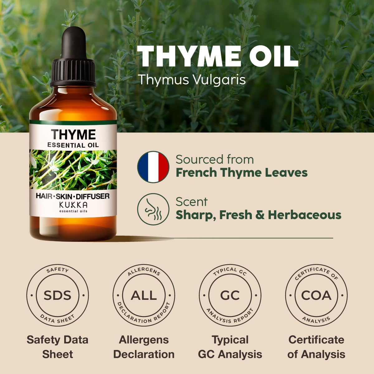 Kukka Thyme Essential Oil for Hair, Skin & Diffuser - 4 Fl Oz - Thyme Oil, Herbaceous Scent, for