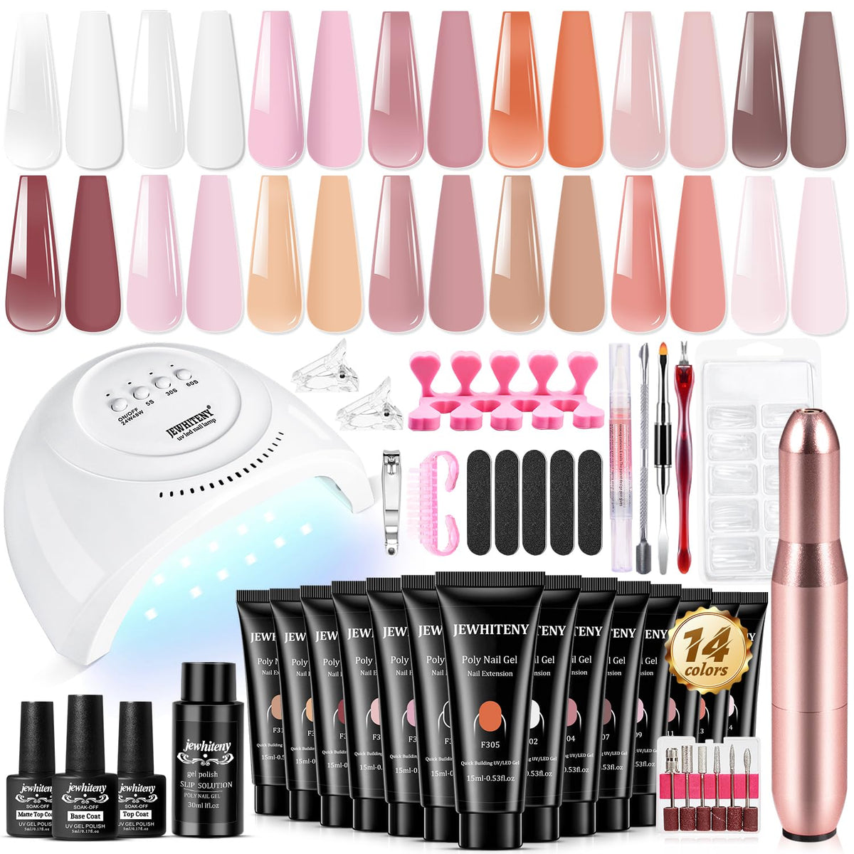 JEWHITENY 14 pcs Poly Gel Nail Extension Kit With Drill Machine U V Nail Light ALL In One Polygel