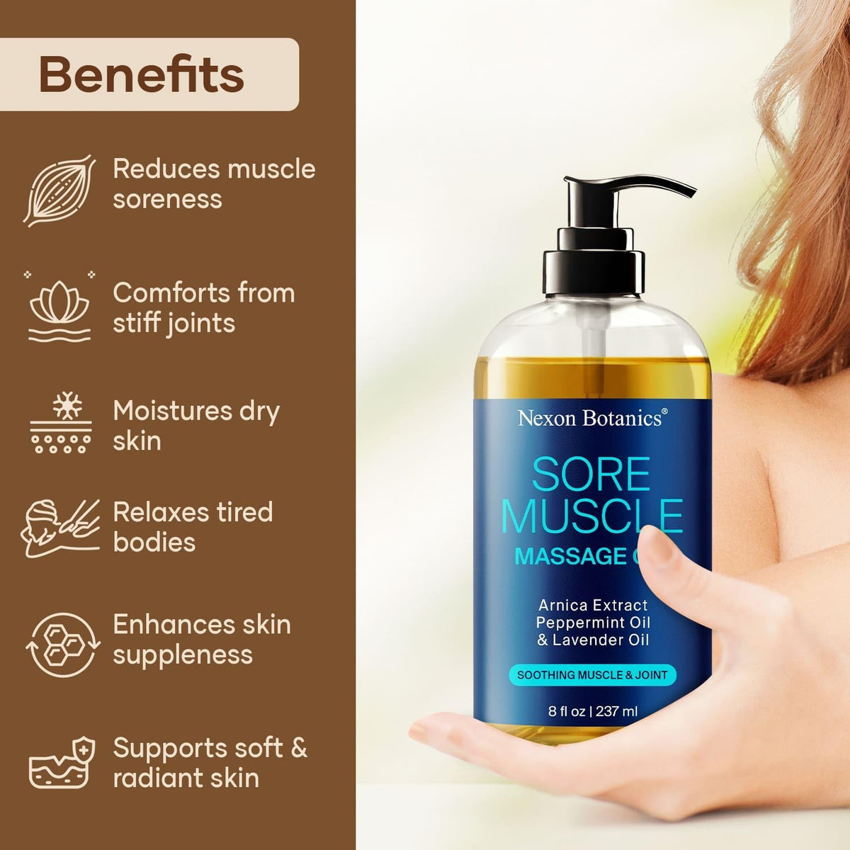Sore Muscle Massage Oil for Massage Therapy 8 fl oz - Refreshing and Relaxing - Natural Oils with